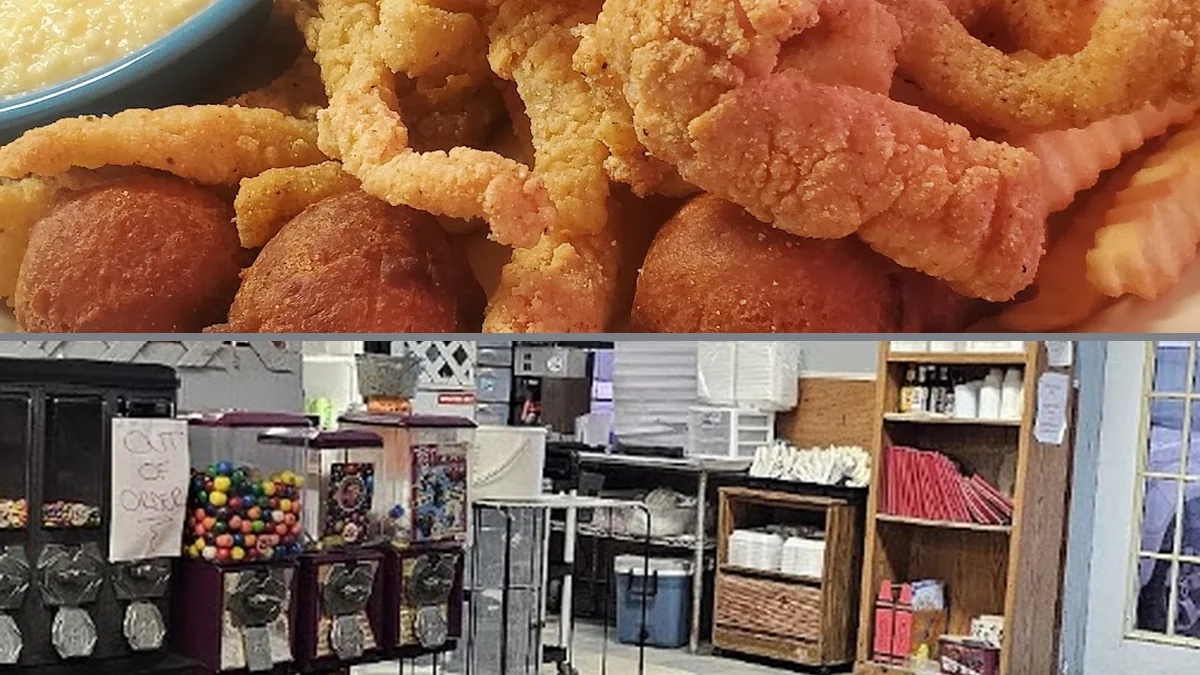 Fried seafood plates on a casual restaurant table.