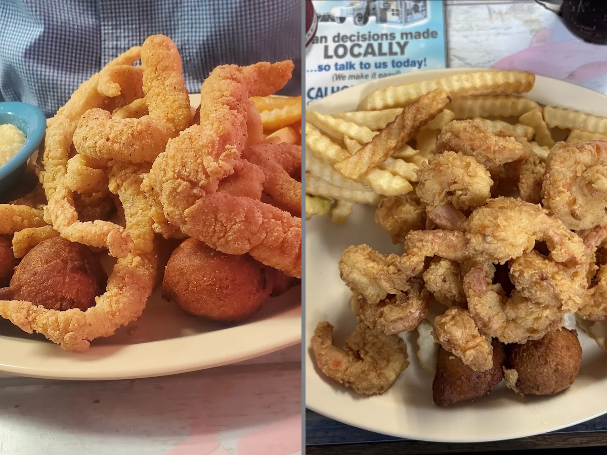 Fried seafood plates on a casual restaurant table.