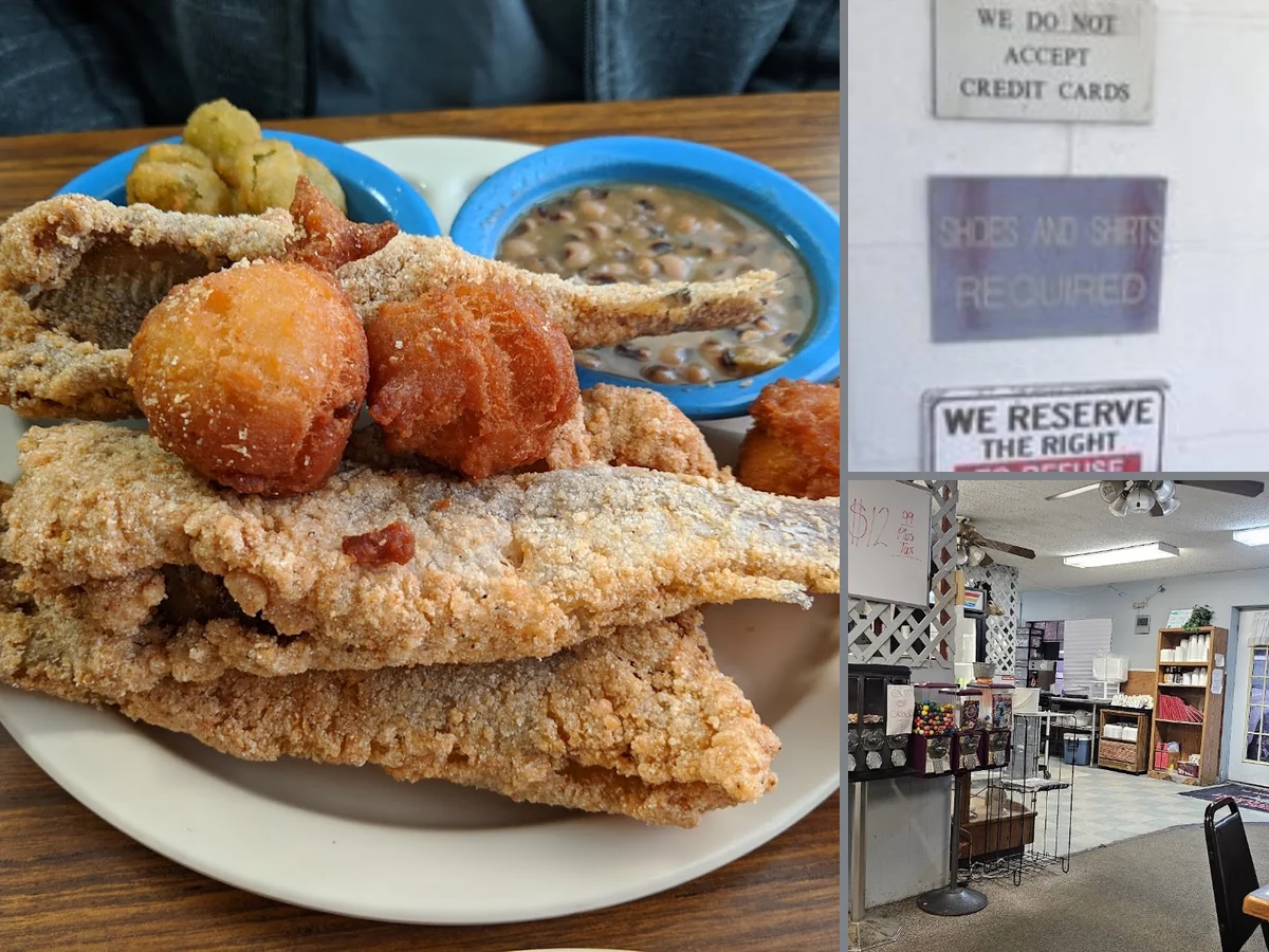 Catfish and shrimp served for dine-in lunch.